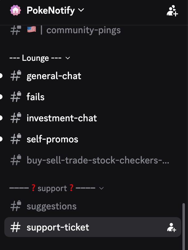 Discord channel list showing the PokeNotify Lounge section followed by the Support section. The support-ticket channel is highlighted, with suggestions listed above it.